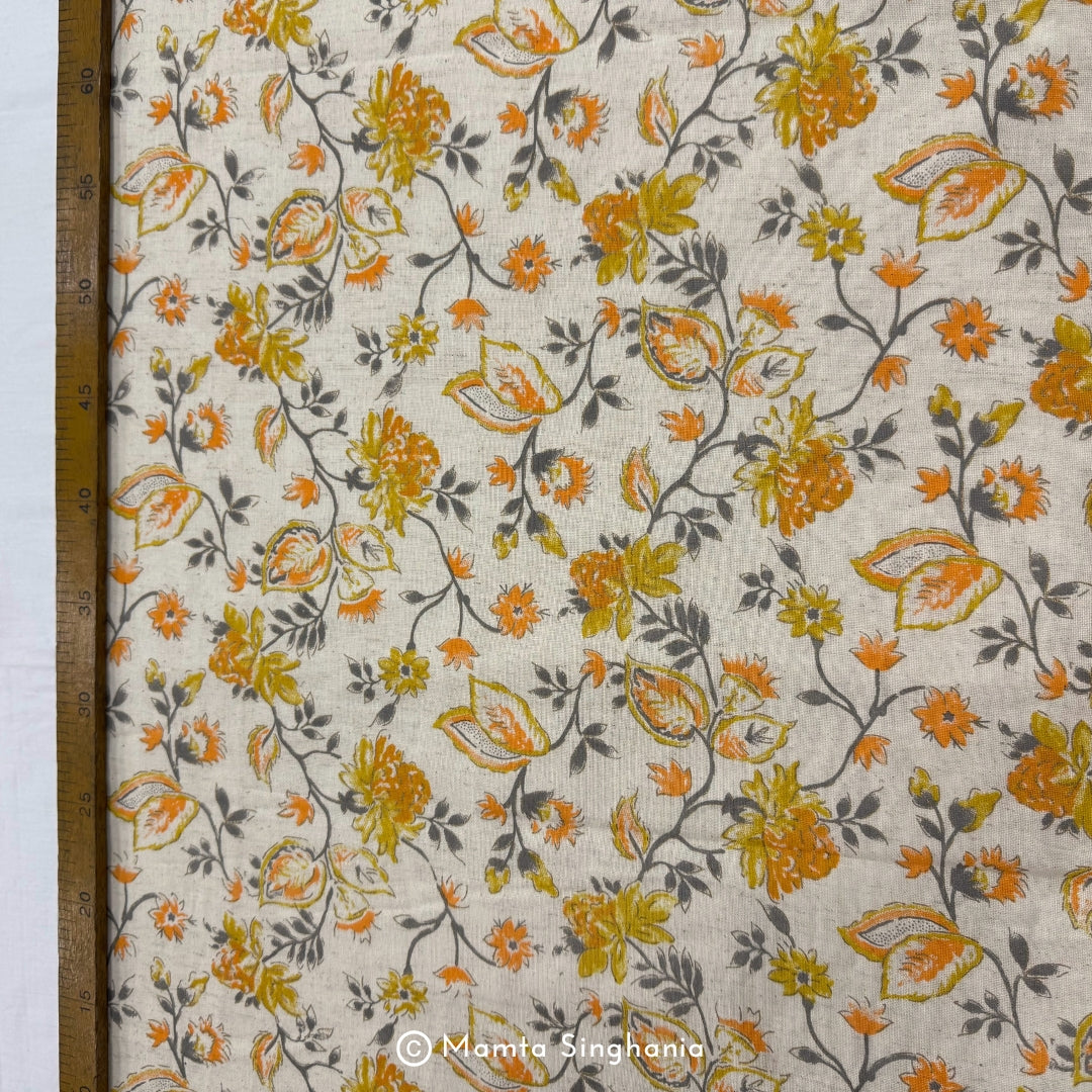 Yellow Floral Handloom Cotton Fabric with Foil Print