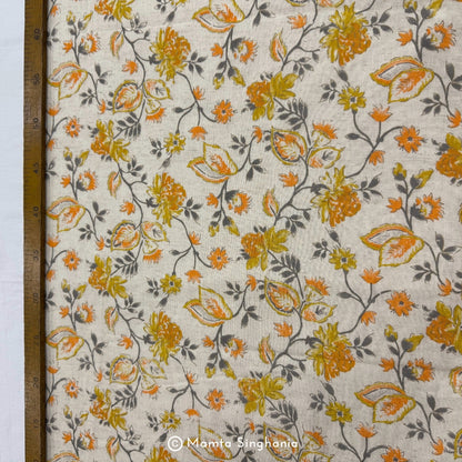 Yellow Floral Handloom Cotton Fabric with Foil Print