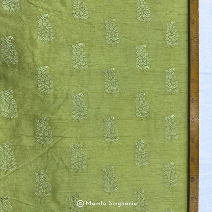 Green Floral Embroidered Raw Silk Fabric