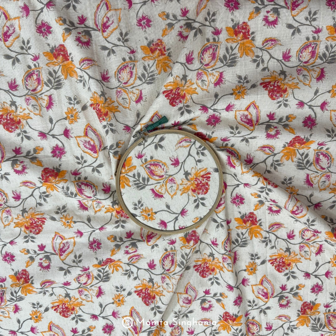 Orange Pink Floral Handloom Cotton Fabric with Foil Print