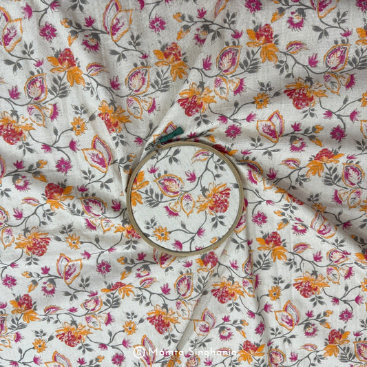 Orange Pink Floral Handloom Cotton Fabric with Foil Print