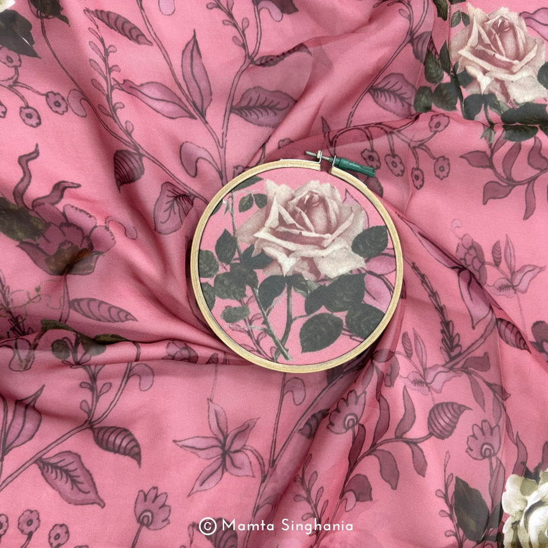 Pink Floral Printed Organza Silk Fabric
