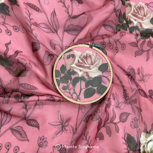 Pink Floral Printed Organza Silk Fabric