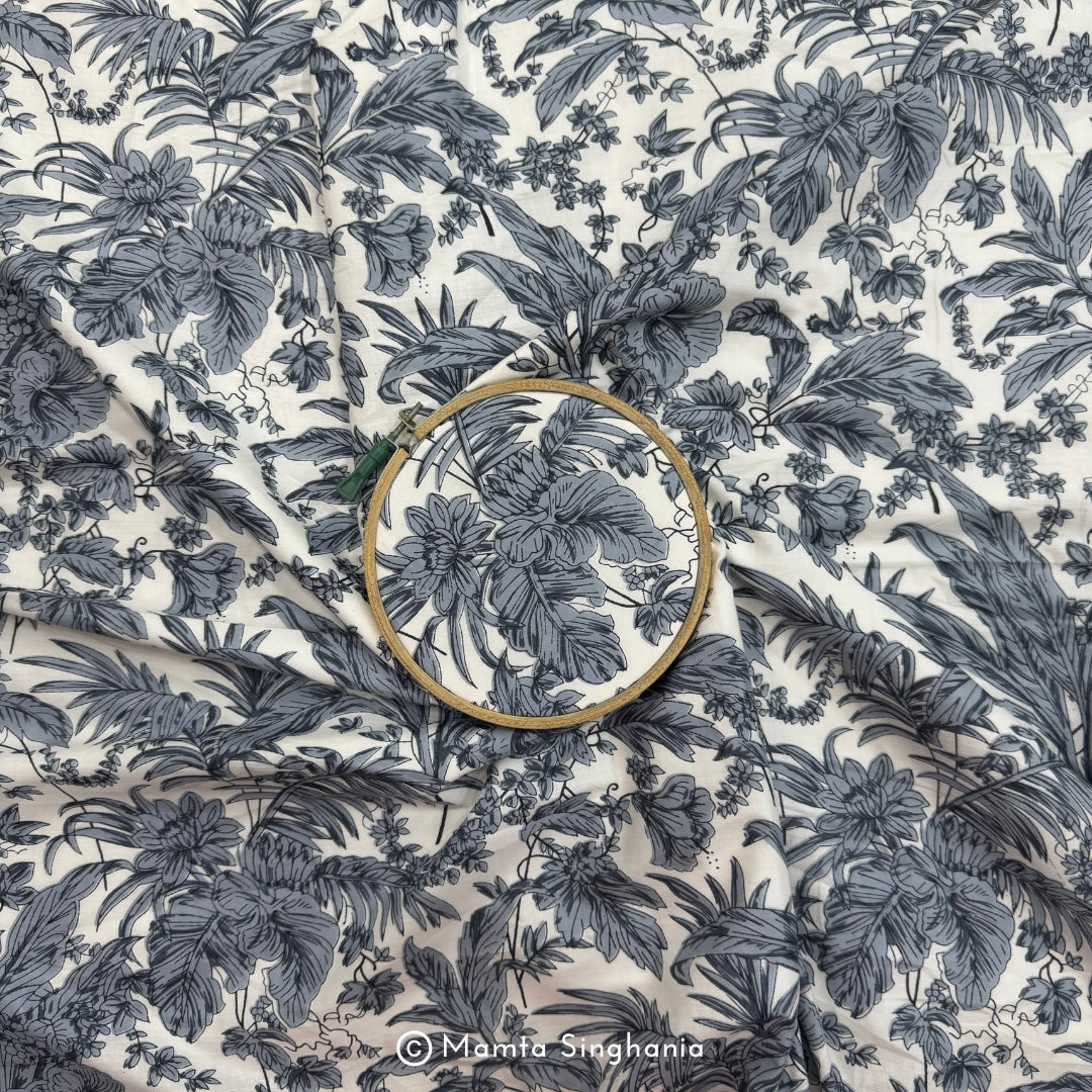 Grey Floral Printed Cotton Fabric