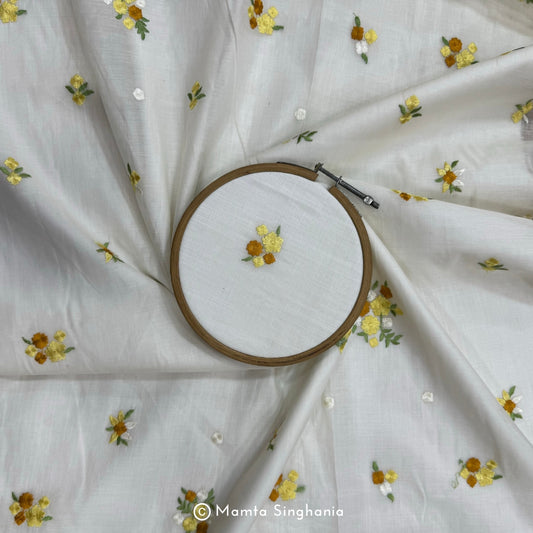White Floral Embroidered Chanderi Fabric