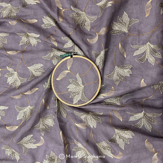 Purple Floral Embroidered Linen Fabric