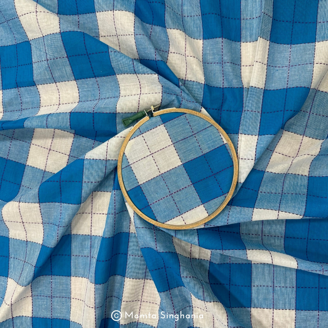 Blue and White Checks Handloom Khadi Cotton Fabric