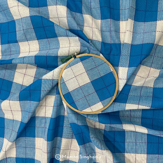 Blue and White Checks Handloom Khadi Cotton Fabric