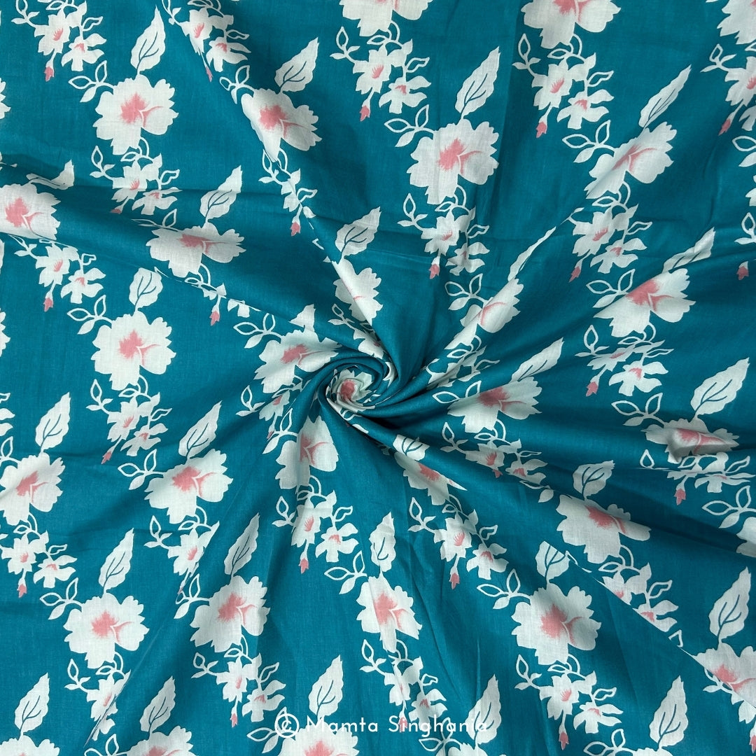 Teal Blue Floral Printed Cotton Fabric