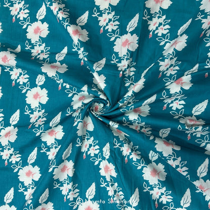 Teal Blue Floral Printed Cotton Fabric