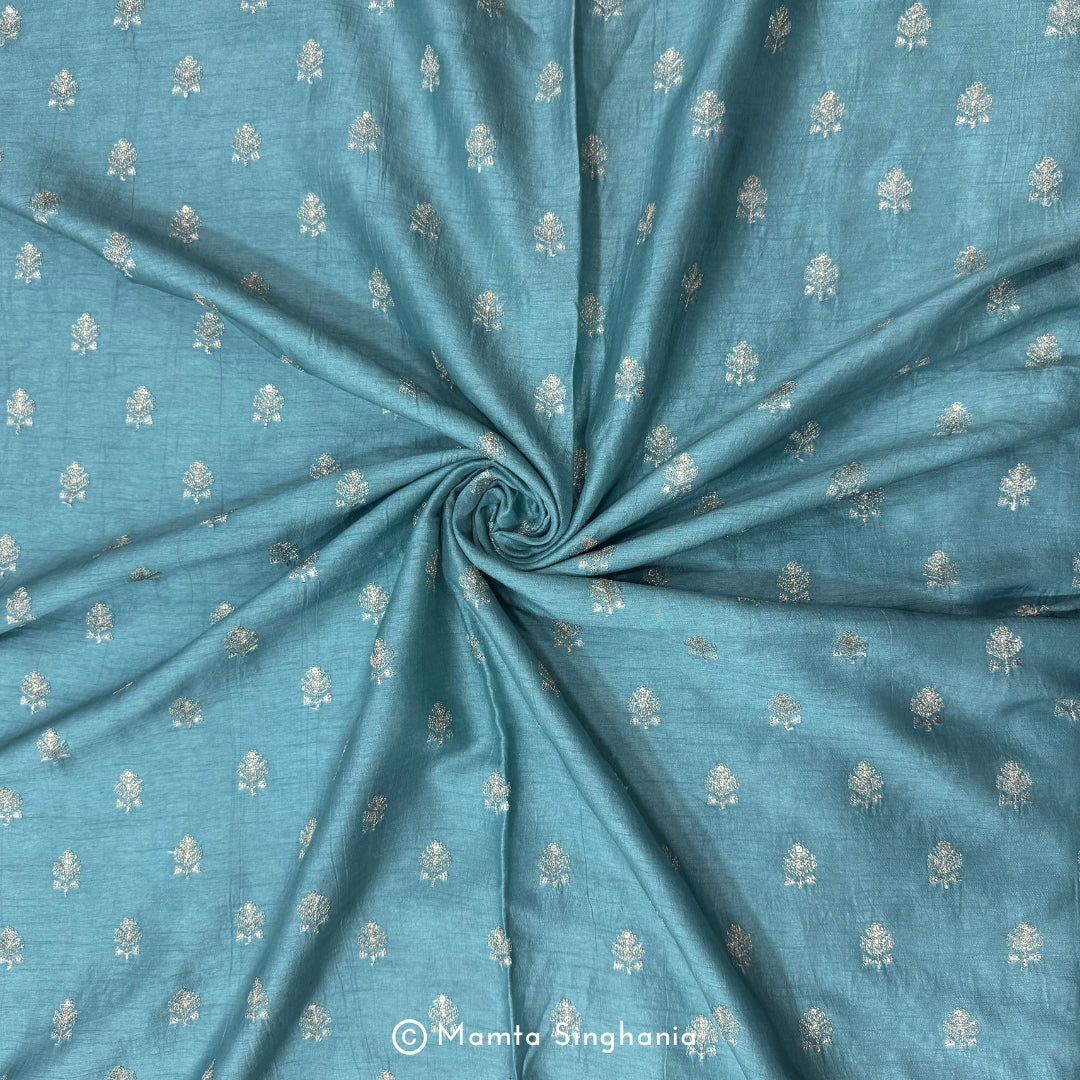 Teal Blue Floral Embroidered Raw Silk Fabric