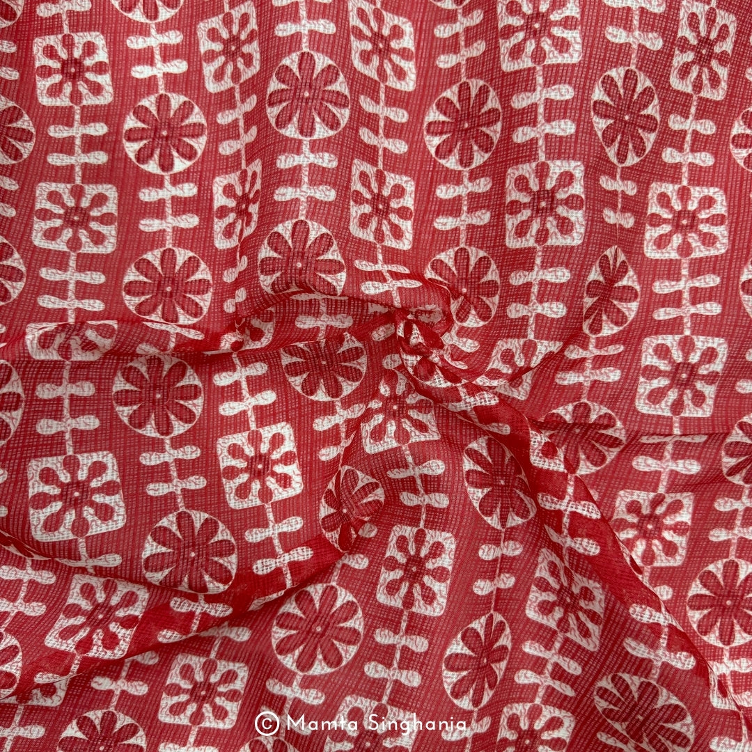 Red Floral Printed Kota Doria Fabric