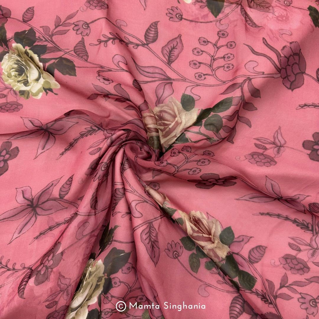 Pink Floral Printed Organza Silk Fabric