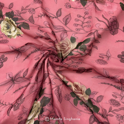 Pink Floral Printed Organza Silk Fabric