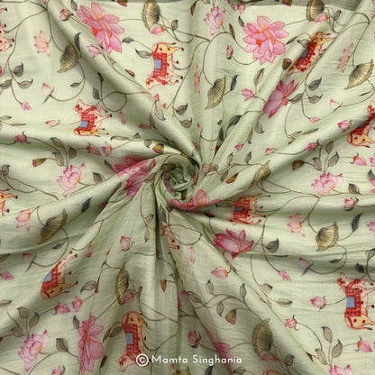 Green Floral Fauna Pichwai Printed Mul Chanderi Fabrics