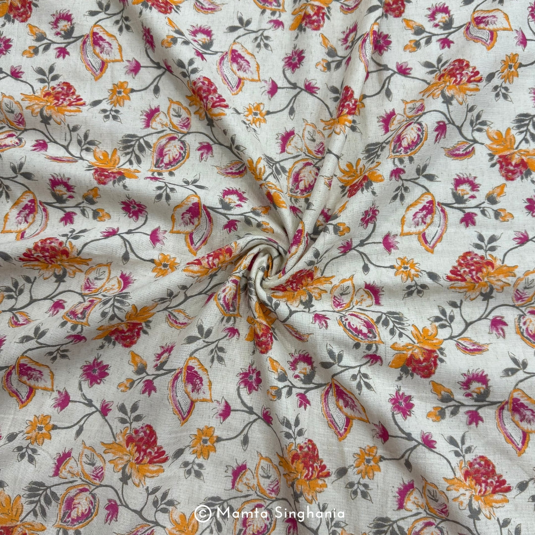 Orange Pink Floral Handloom Cotton Fabric with Foil Print