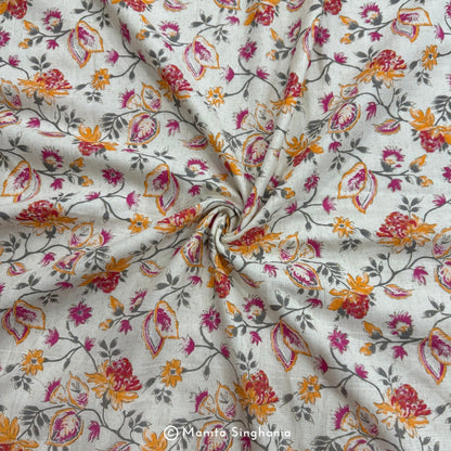 Orange Pink Floral Handloom Cotton Fabric with Foil Print