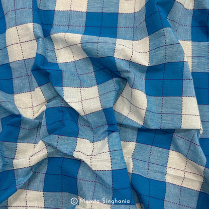 Blue and White Checks Handloom Khadi Cotton Fabric