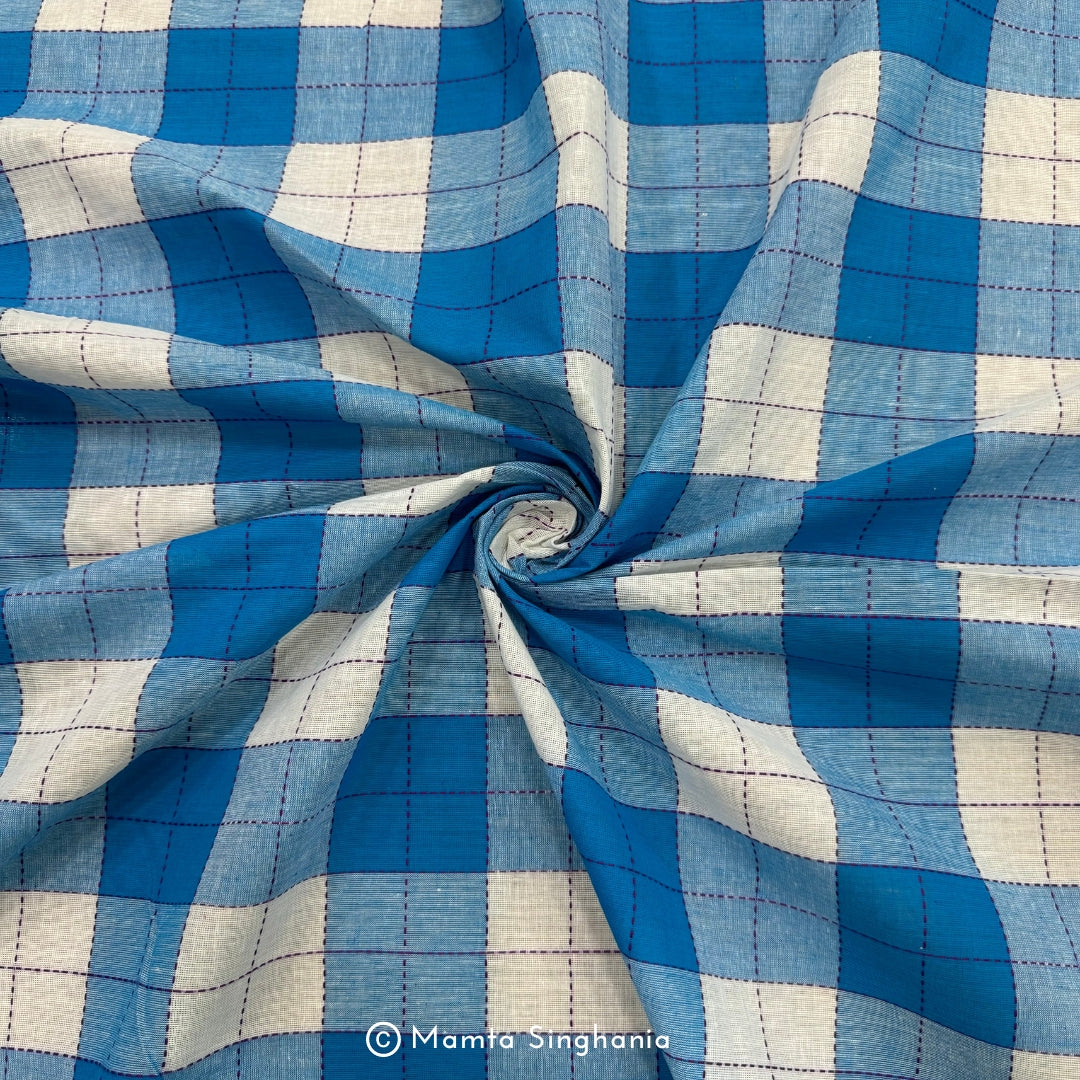 Blue and White Checks Handloom Khadi Cotton Fabric