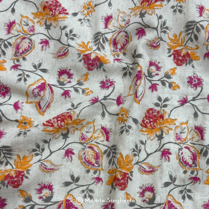 Orange Pink Floral Handloom Cotton Fabric with Foil Print