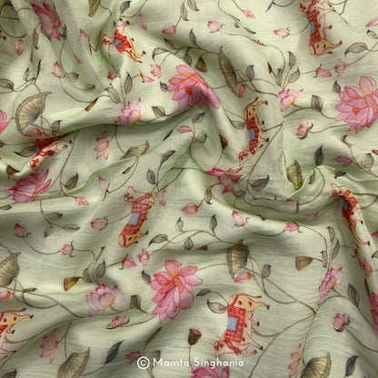 Green Floral Fauna Pichwai Printed Mul Chanderi Fabrics