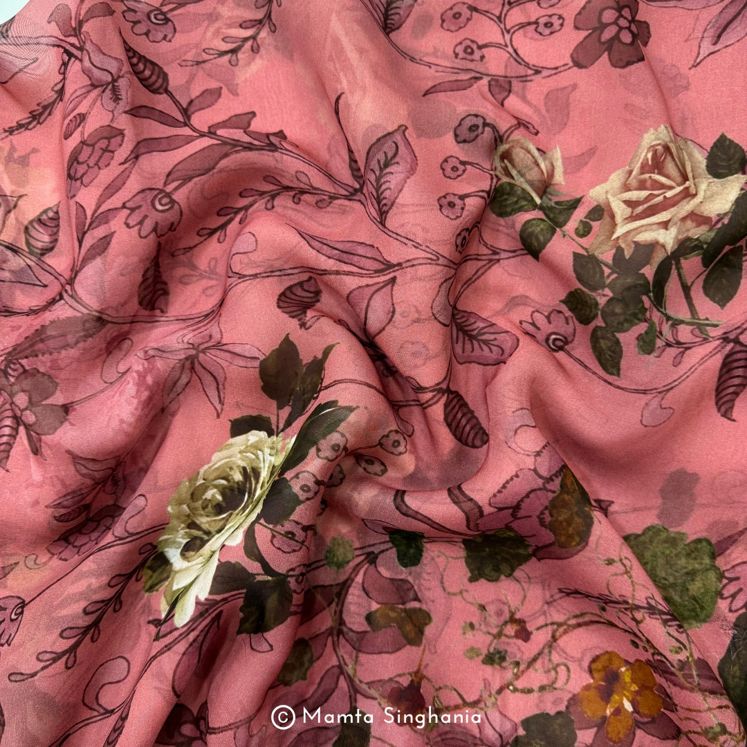 Pink Floral Printed Organza Silk Fabric