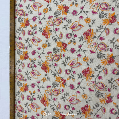 Orange Pink Floral Handloom Cotton Fabric with Foil Print