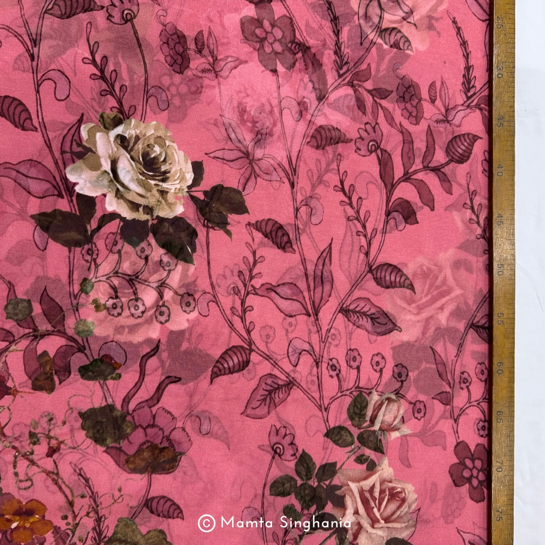 Pink Floral Printed Organza Silk Fabric