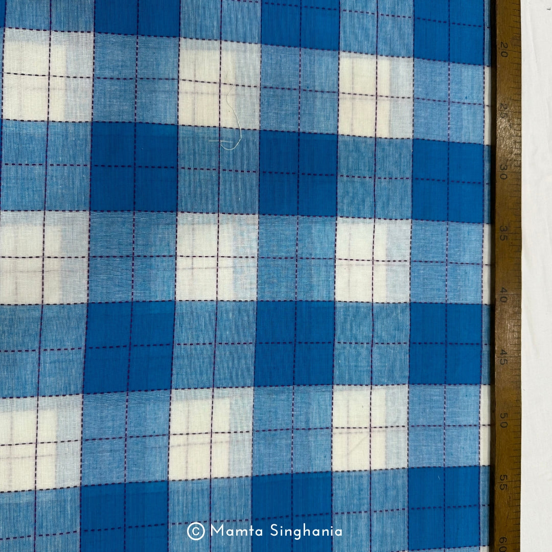 Blue and White Checks Handloom Khadi Cotton Fabric