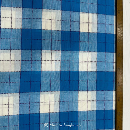 Blue and White Checks Handloom Khadi Cotton Fabric