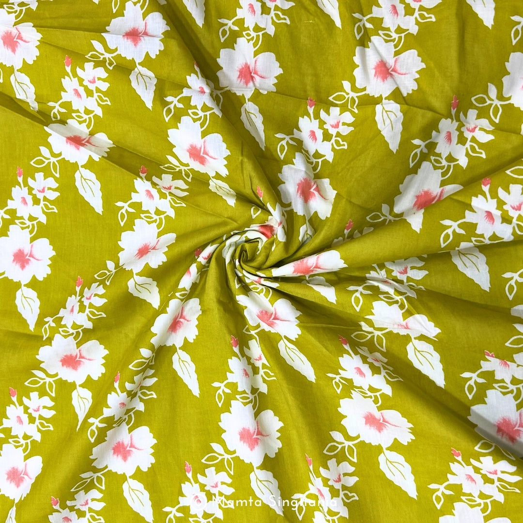Yellow Floral Printed Cotton Fabric