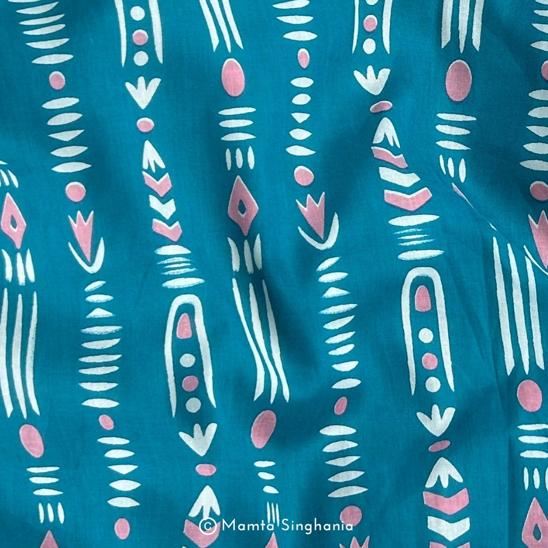 Teal Blue Abstract Printed Cotton Fabric