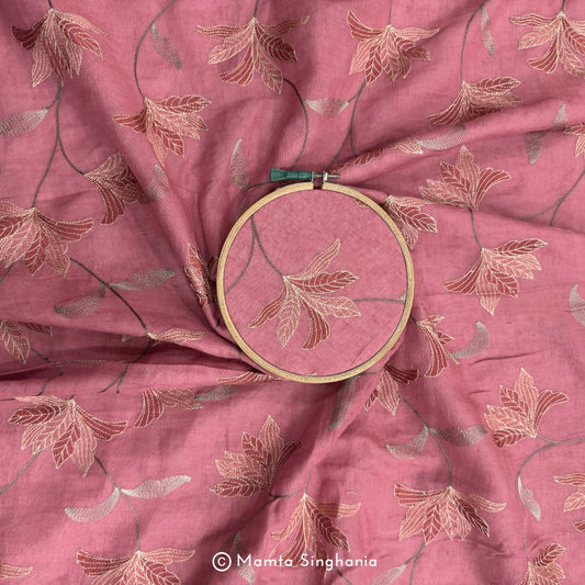 Onion Pink Floral Embroidered Linen Fabric