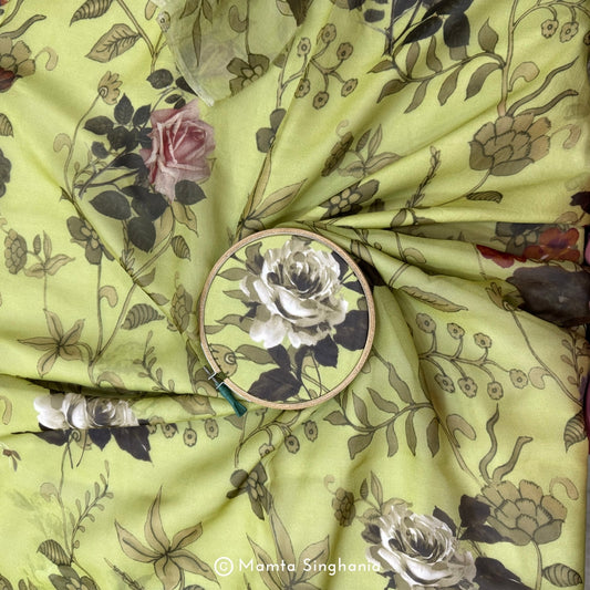 Green Floral Printed Organza Silk Fabric