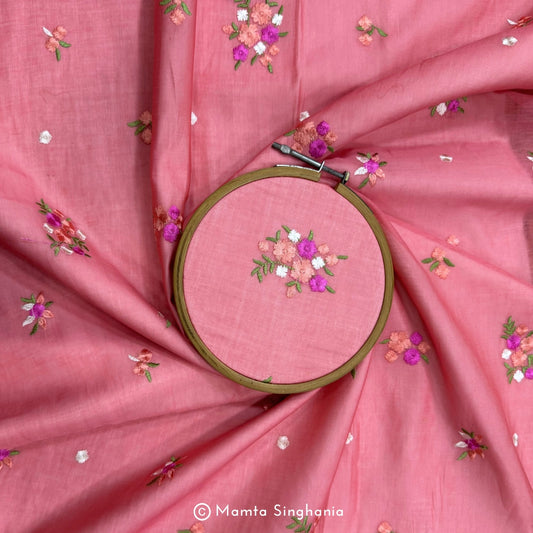 Pink Floral Embroidered Chanderi Fabric