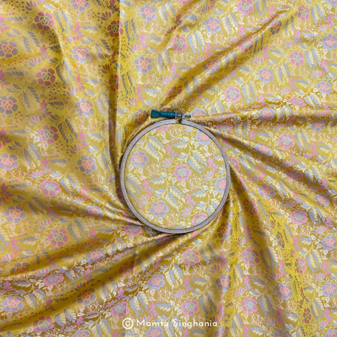 Yellow Floral Banarasi Brocade Katan Silk Fabric