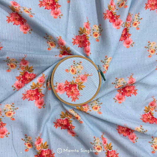 Blue Floral Sequins Embroidered Cotton Fabric