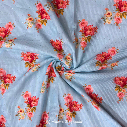 Blue Floral Sequins Embroidered Cotton Fabric