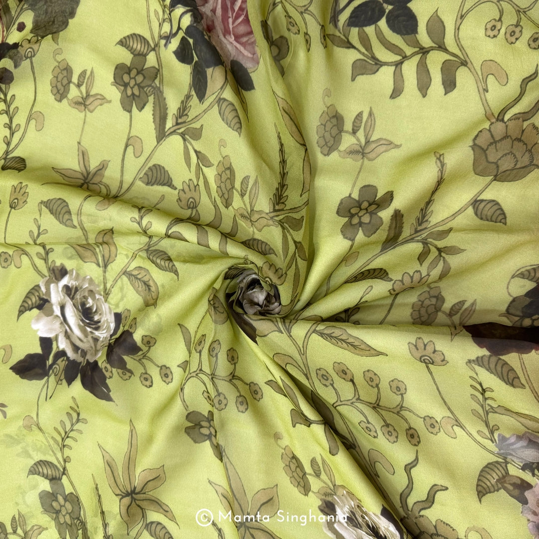 Green Floral Printed Organza Silk Fabric
