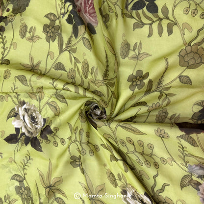 Green Floral Printed Organza Silk Fabric