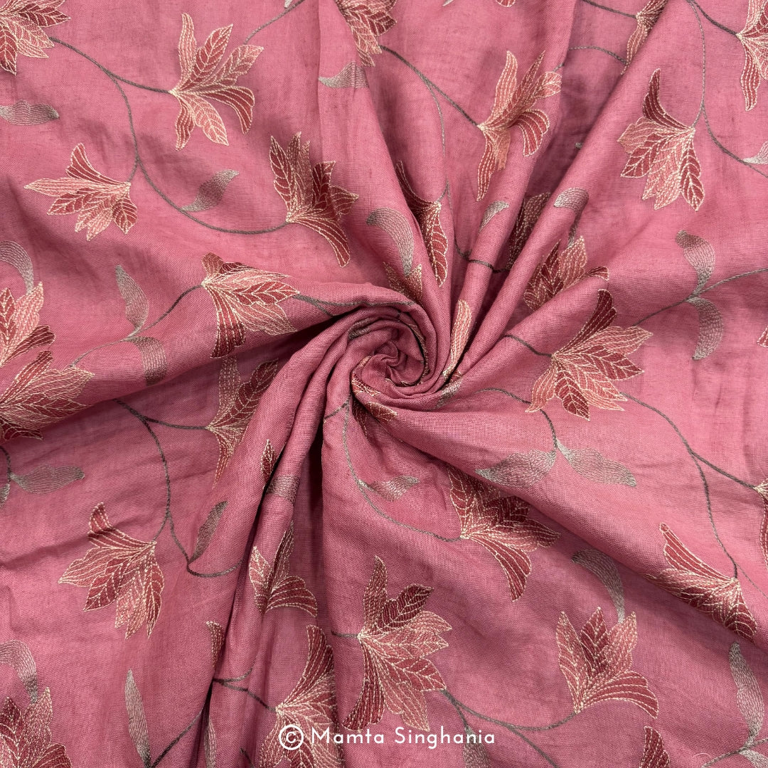 Onion Pink Floral Embroidered Linen Fabric