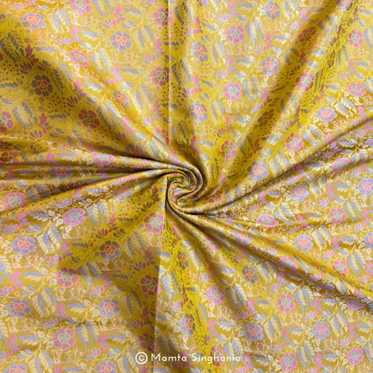 Yellow Floral Banarasi Brocade Katan Silk Fabric