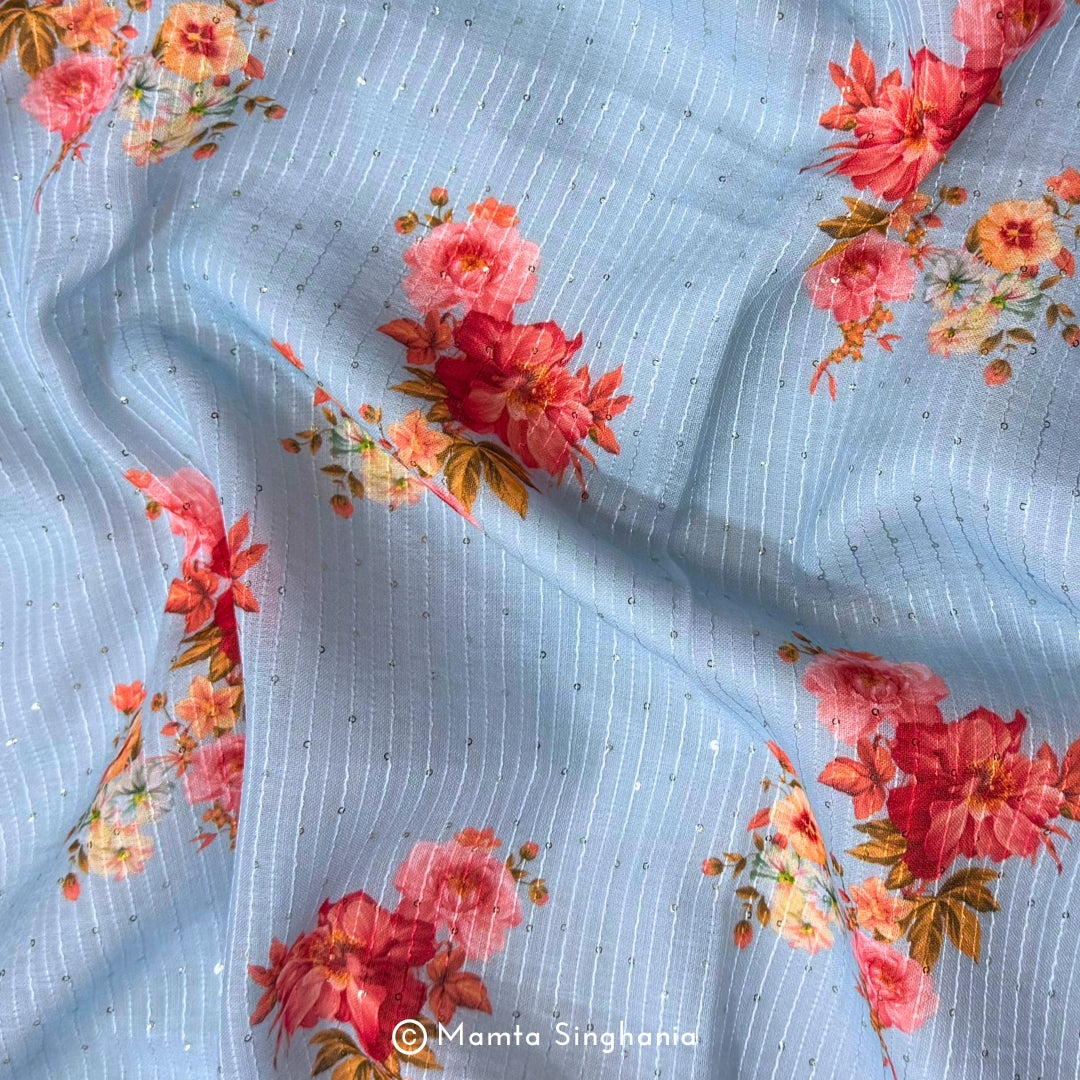 Blue Floral Sequins Embroidered Cotton Fabric