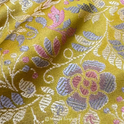 Yellow Floral Banarasi Brocade Katan Silk Fabric