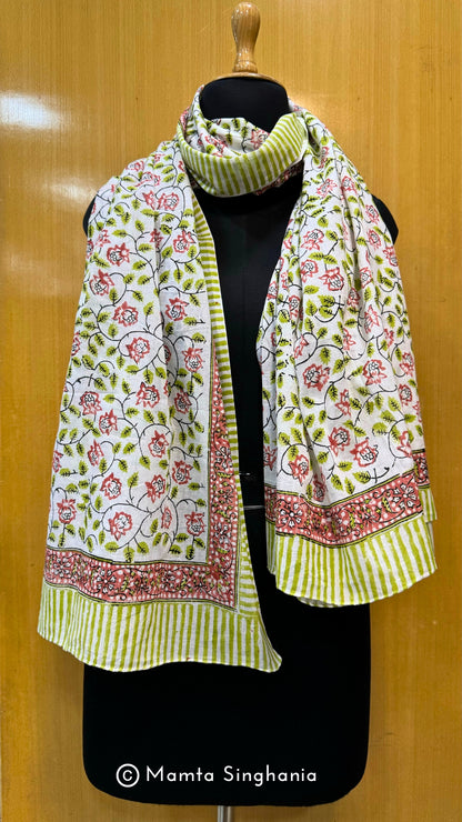 Hand-block Floral Printed Cotton Stole in Multiple Colours