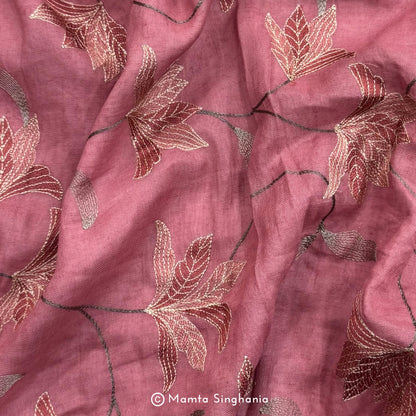 Onion Pink Floral Embroidered Linen Fabric