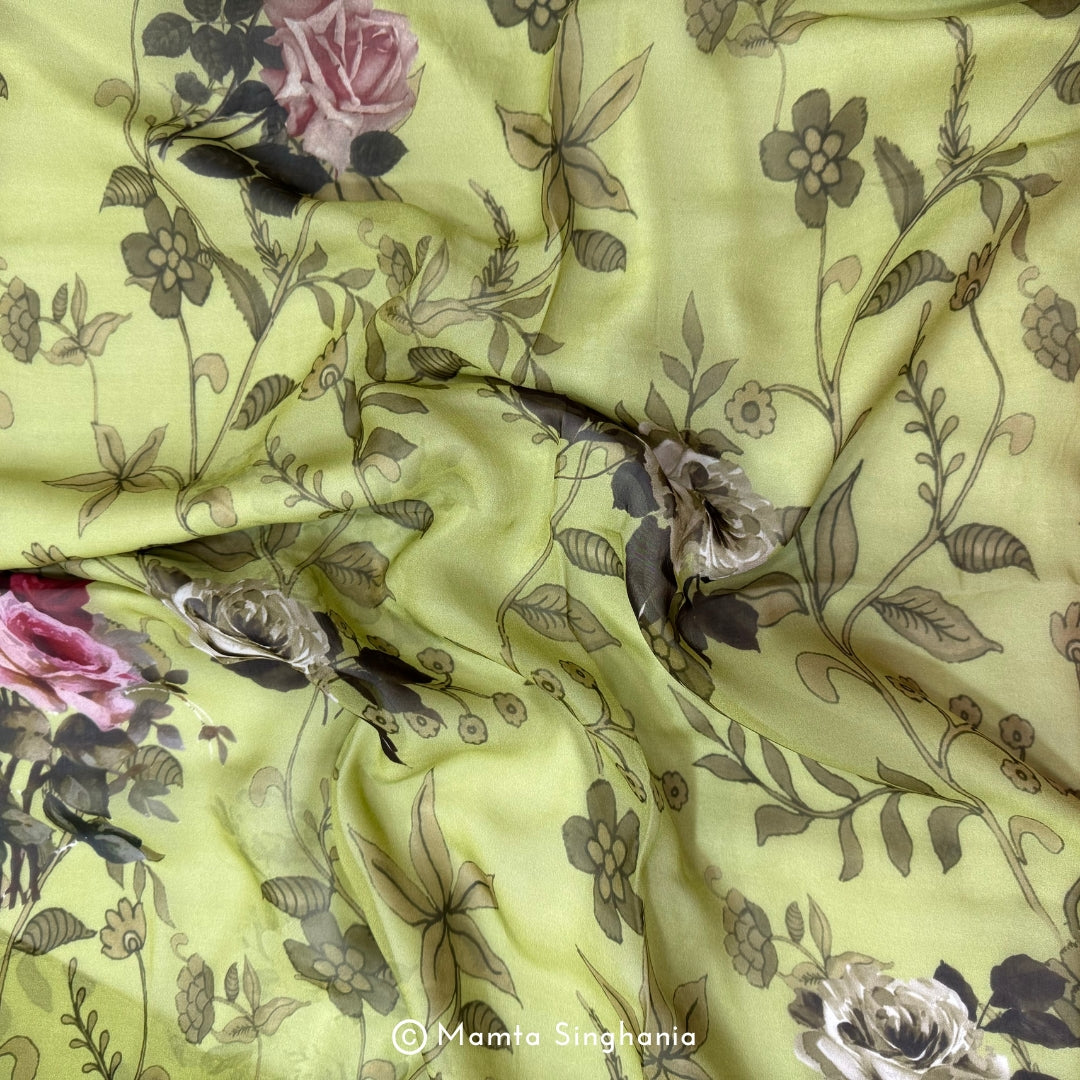 Green Floral Printed Organza Silk Fabric