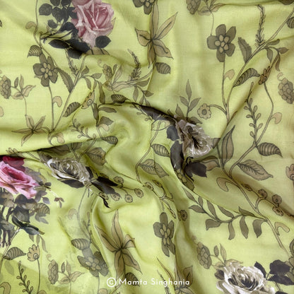 Green Floral Printed Organza Silk Fabric