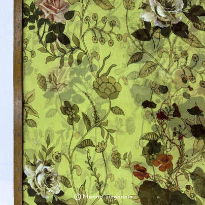 Green Floral Printed Organza Silk Fabric