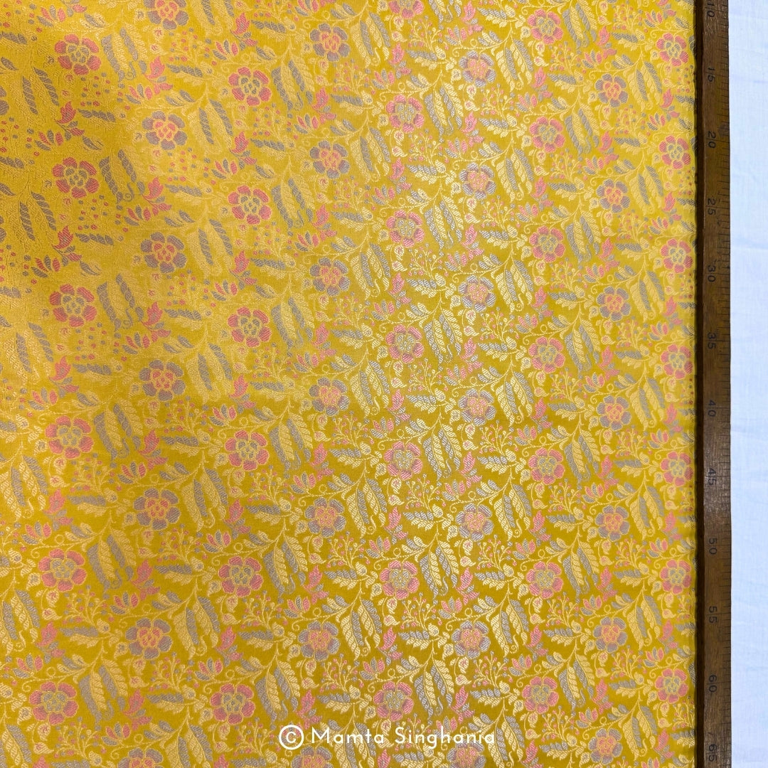 Yellow Floral Banarasi Brocade Katan Silk Fabric